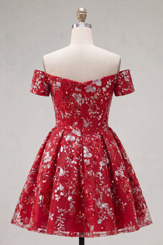 Sparkly Red Floral A-Line Short Corset Homecoming Dress with Beading