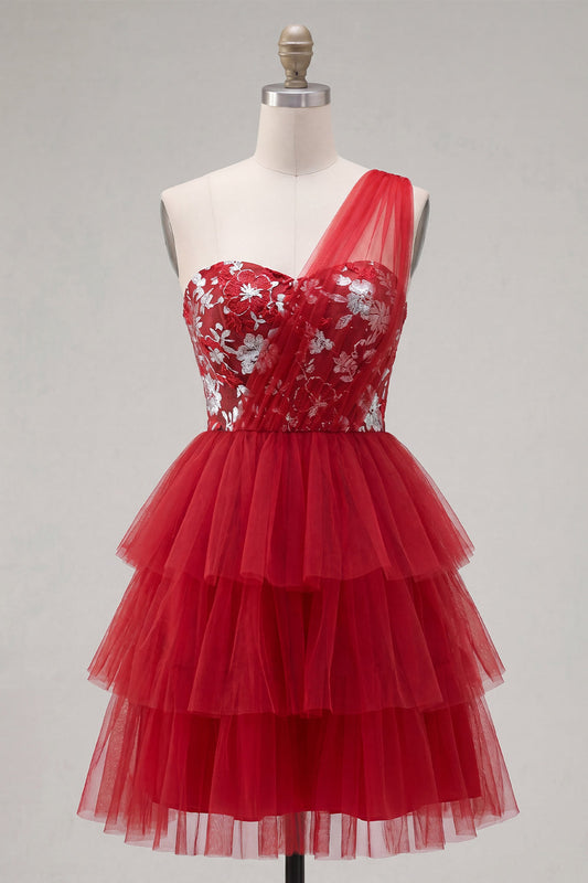 Vestido de fiesta corto de línea A con hombro floral rojo y volantes