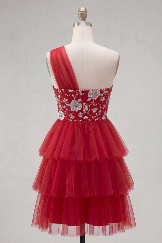 Vestido de fiesta corto de línea A con hombro floral rojo y volantes