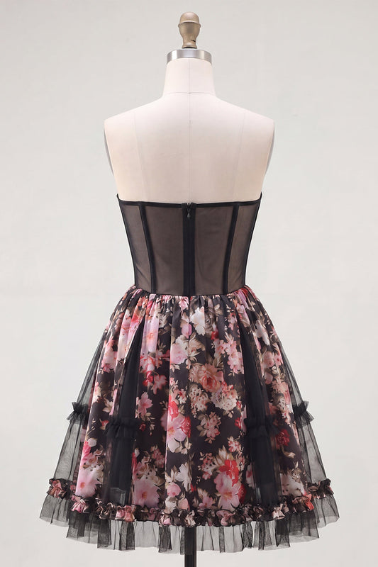 Robe de bal courte bustier trapèze corset fleur rose noir