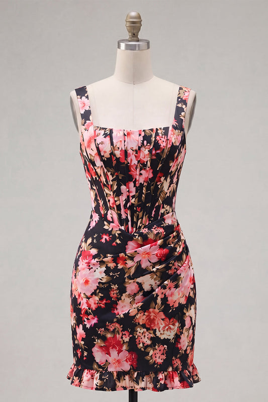 Robe de bal corset noir rose fleur, courte, ajustée, à bretelles épaisses et volants