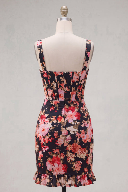 Robe de bal corset noir rose fleur, courte, ajustée, à bretelles épaisses et volants