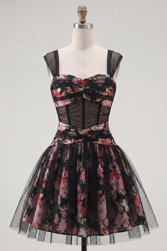 Robe de bal courte corsetée à ruché ligne A imprimé floral noir et rose