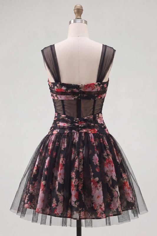 Robe de bal courte corsetée à ruché ligne A imprimé floral noir et rose