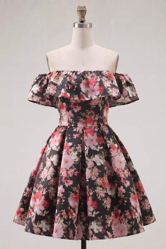 Robe de bal de fin d'année courte en ligne A fleurie rose noire à épaules dénudées