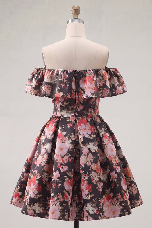 Robe de bal de fin d'année courte en ligne A fleurie rose noire à épaules dénudées