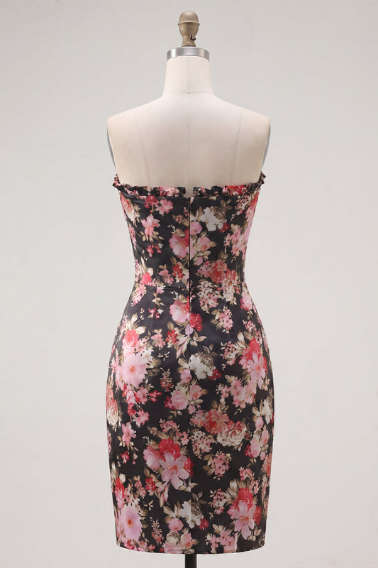 Robe bustier courte et moulante de retour à la maison, couleur fleur rose noire, froncée