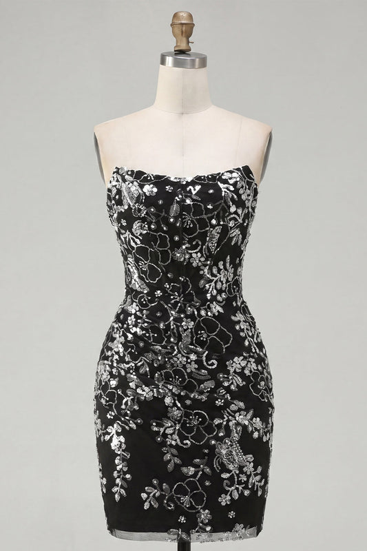 Sparkly Black Ruched Floral Tight Short Strapless Homecoming Dress with Sequins