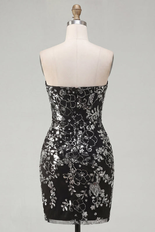 Sparkly Black Ruched Floral Tight Short Strapless Homecoming Dress with Sequins