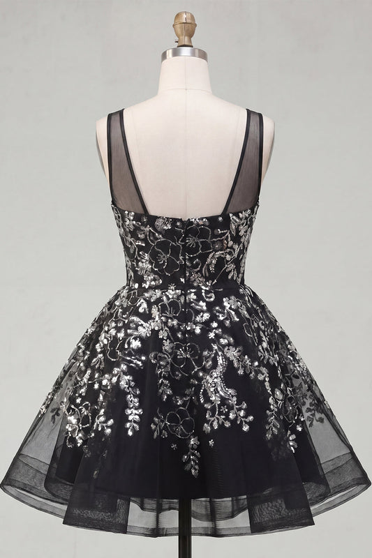 Floral Sparkly Black Sequin A-Line Short Homecoming Dress