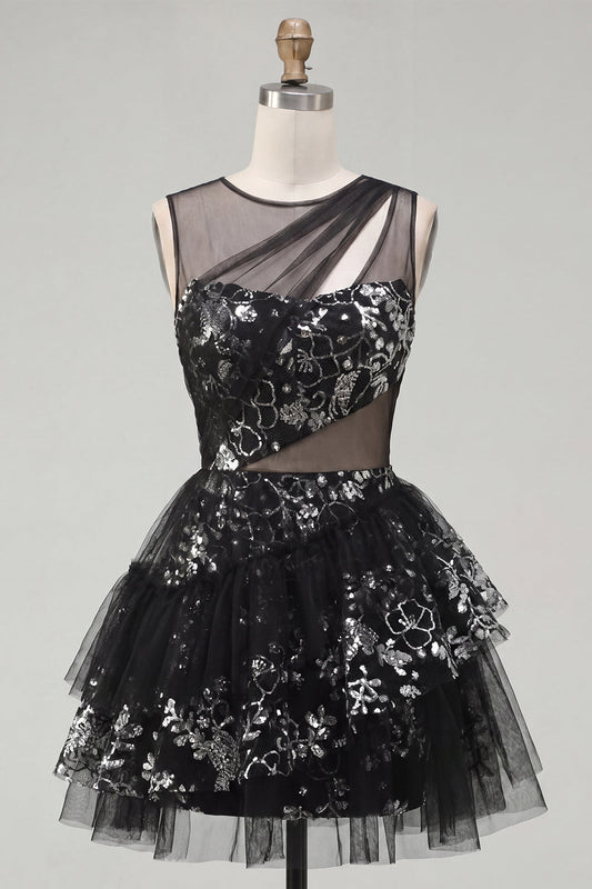Floral Sparkly Black Keyhole A-Line Sequin Short Homecoming Dress