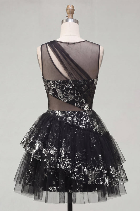 Floral Sparkly Black Keyhole A-Line Sequin Short Homecoming Dress