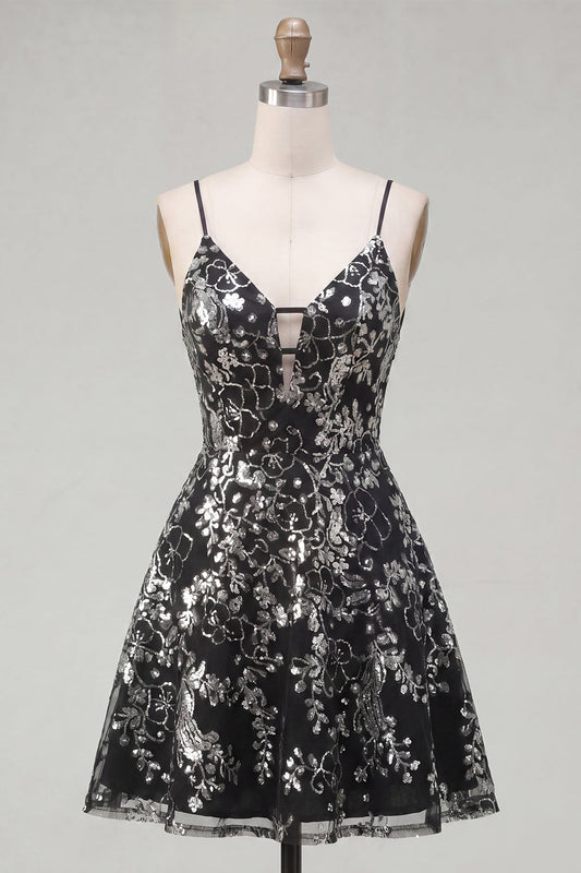 Sparkly Black Spaghetti Straps Floral Short Sequin A-Line Homecoming Dress