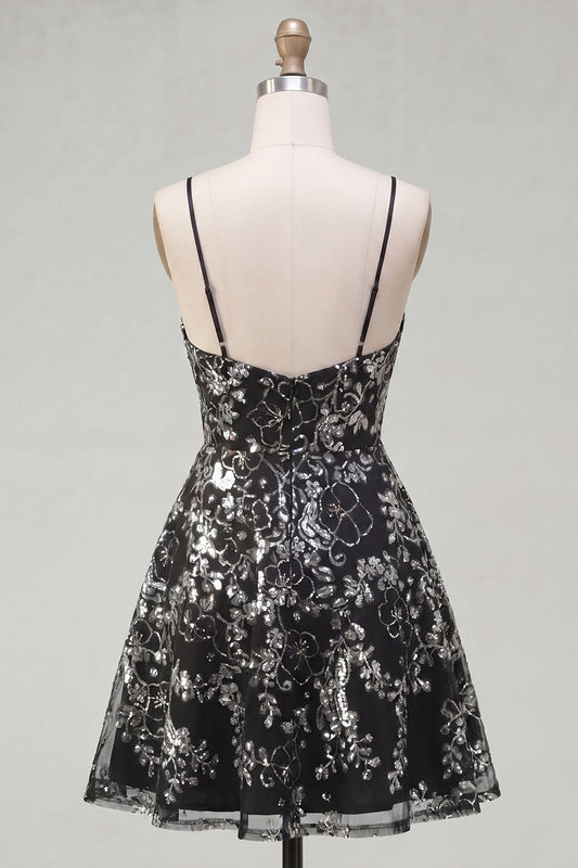 Sparkly Black Spaghetti Straps Floral Short Sequin A-Line Homecoming Dress