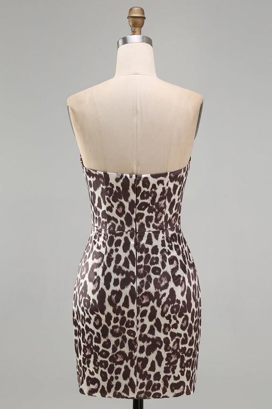 Robe courte de cocktail léopard à ruchés, coupe moulante et bustier, coloris café