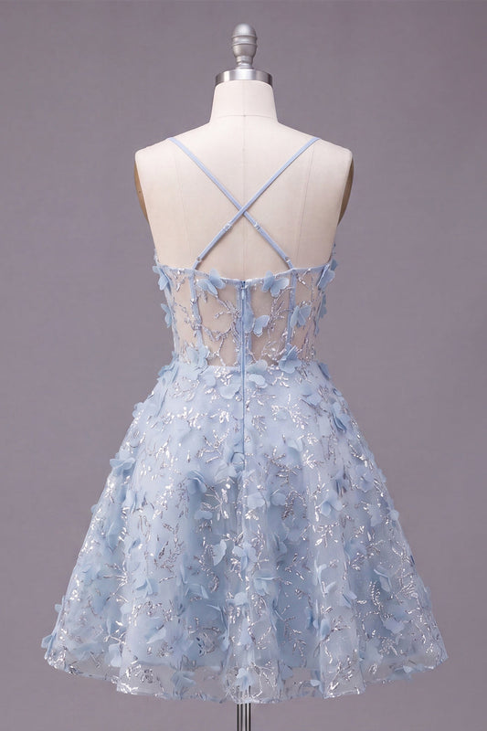 Sparkly Blue Spaghetti Straps Floral Sequin A-Line Short Corset Homecoming Dress