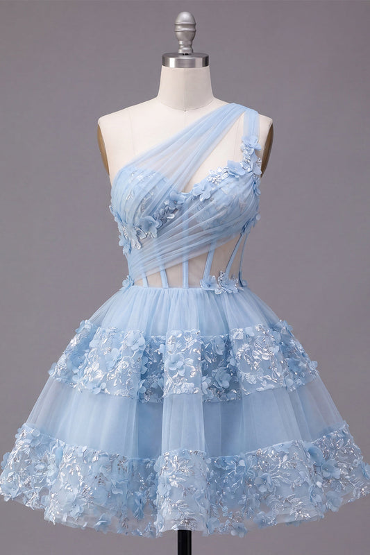 Floral Sparkly Blue Sequin A-Line Keyhole Corset Short Homecoming Dress with Ruffles