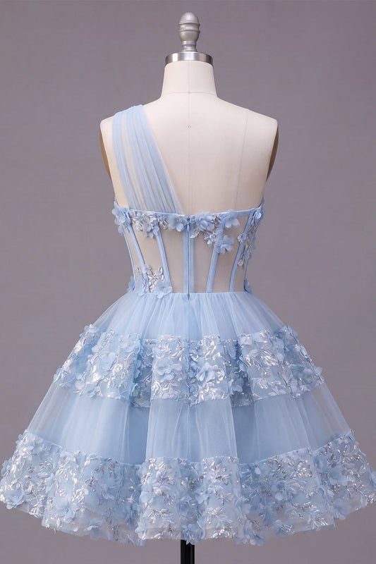 Floral Sparkly Blue Sequin A-Line Keyhole Corset Short Homecoming Dress with Ruffles