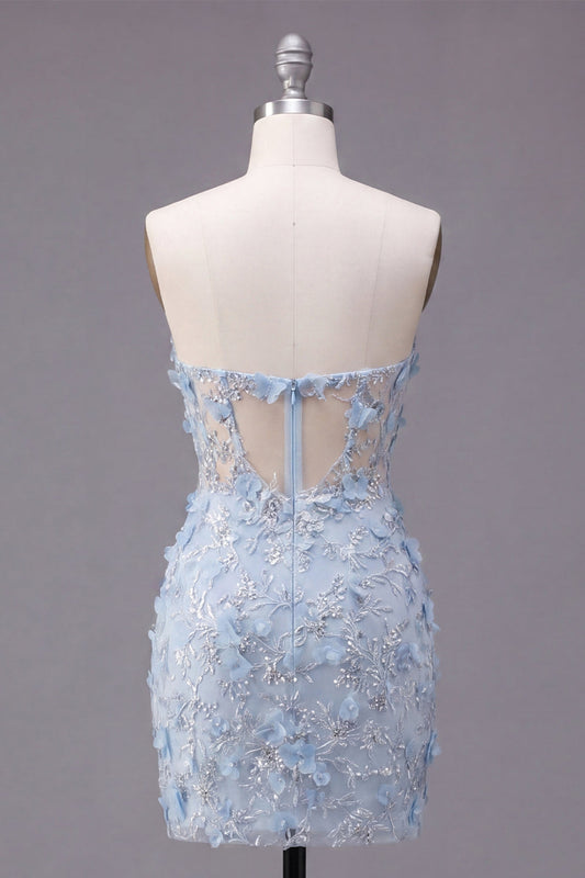 Floral Sparkly Blue Corset Tight Short Strapless Homecoming Dress with Beading