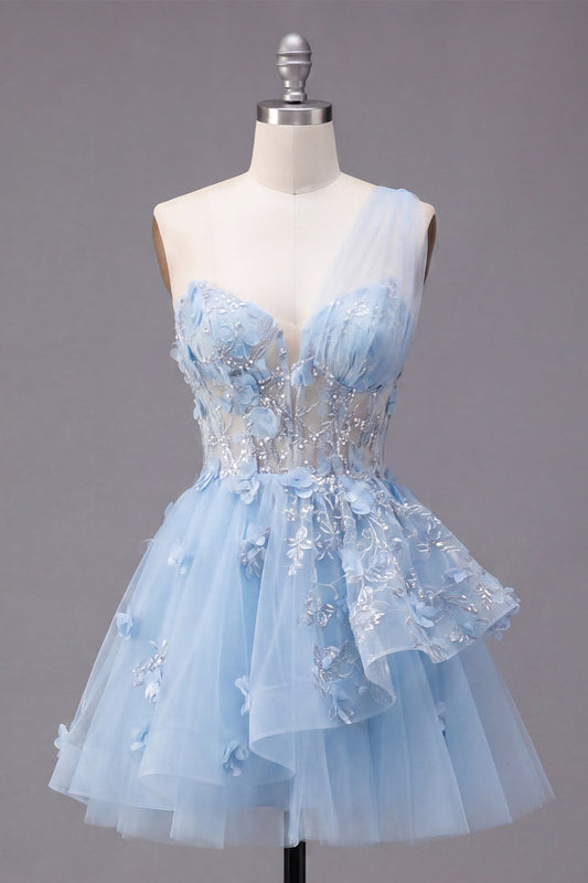 Sparkly Blue Beaded Corset Floral A-Line Short Homecoming Dress with Ruffles