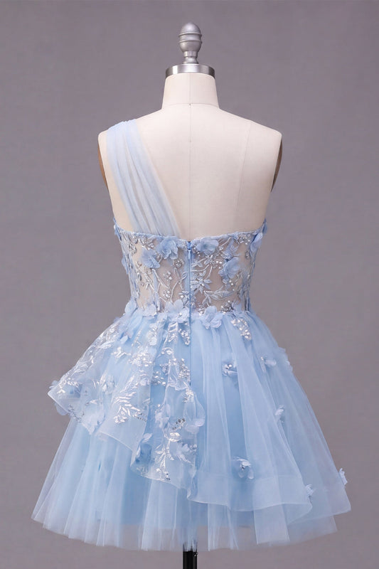 Sparkly Blue Beaded Corset Floral A-Line Short Homecoming Dress with Ruffles