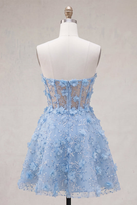 Sparkly Blue A-Line Floral Corset Short Strapless Homecoming Dress with Beading
