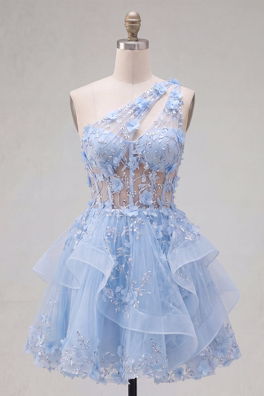 Sparkly Blue Keyhole Beaded Short Corset Floral A-Line Homecoming Dress with Ruffles