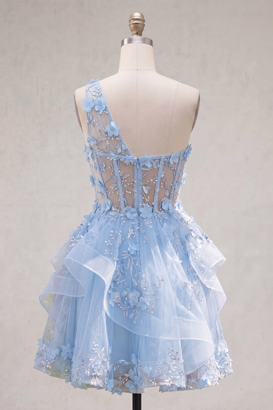 Sparkly Blue Keyhole Beaded Short Corset Floral A-Line Homecoming Dress with Ruffles