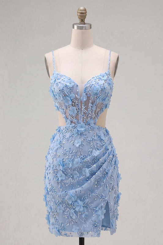 Floral Sparkly Blue Cut Out Tight Corset Short Beaded Homecoming Dress with Slit