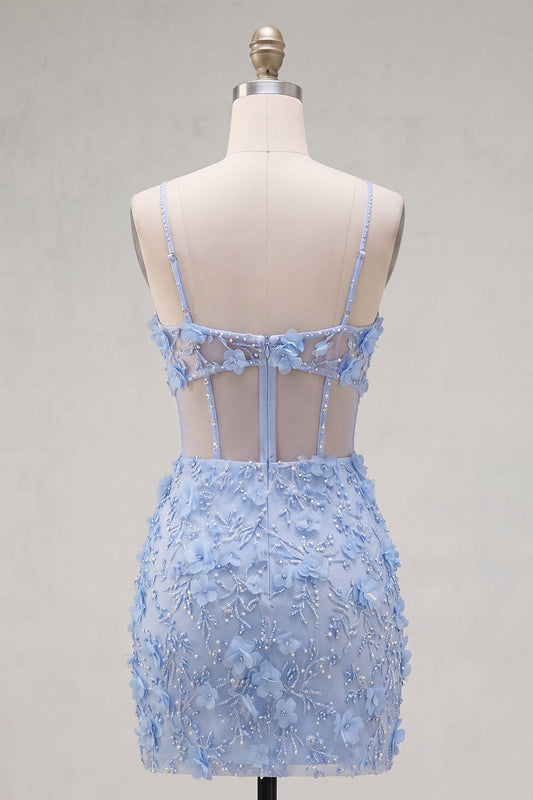 Floral Sparkly Blue Cut Out Tight Corset Short Beaded Homecoming Dress with Slit