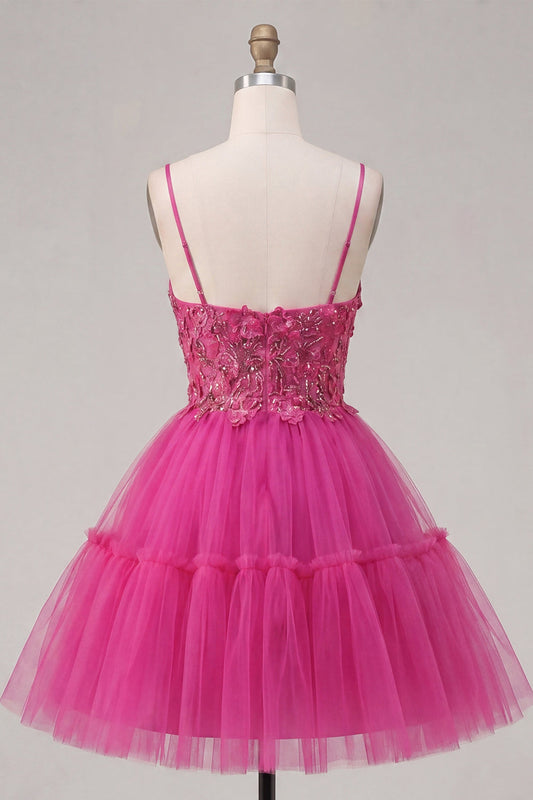 Sparkly Fuchsia A-Line Floral Beaded Short Corset Spaghetti Straps Homecoming Dress