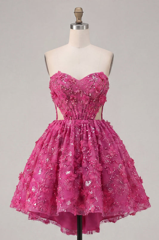 Sparkly Fuchsia Floral A-Line Cutout Corset Beaded Short Homecoming Dress
