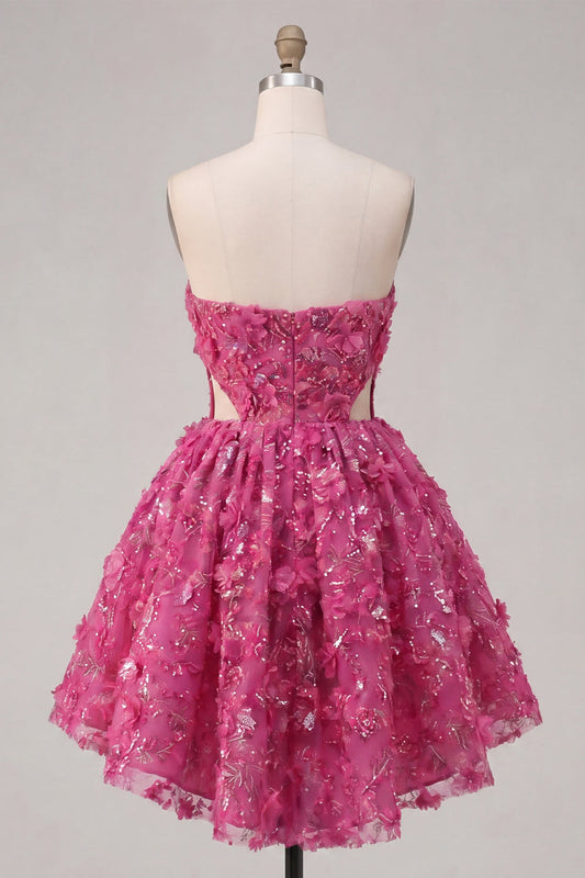 Sparkly Fuchsia Floral A-Line Cutout Corset Beaded Short Homecoming Dress