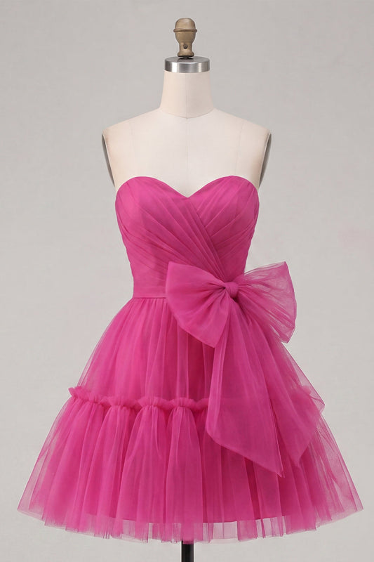 Fuchsia A-Line Sweetheart Ruched Short Homecoming Dress with Bow
