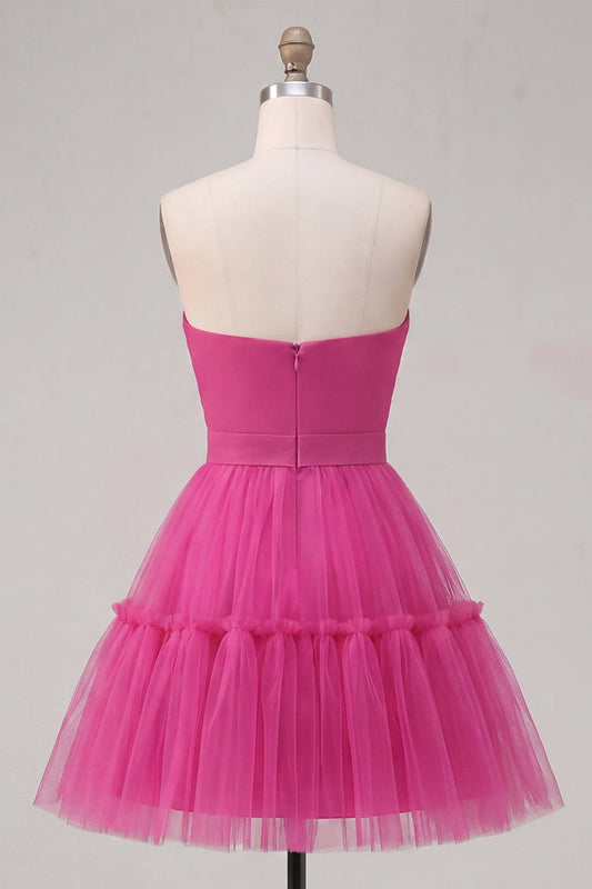 Fuchsia A-Line Sweetheart Ruched Short Homecoming Dress with Bow