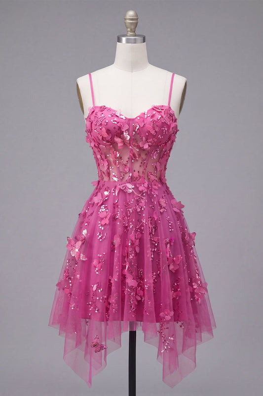 A-Line Sparkly Fuchsia Beaded Short Corset Floral Homecoming Dress