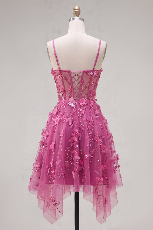 A-Line Sparkly Fuchsia Beaded Short Corset Floral Homecoming Dress