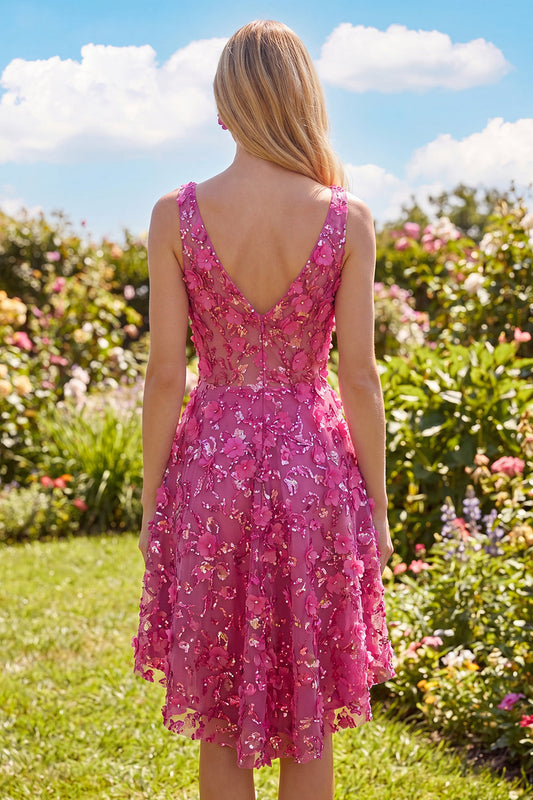 Sparkly Fuchsia Floral Beaded High-Low A-Line Homecoming Dress