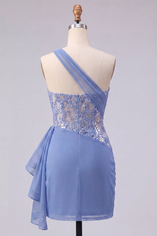 Sparkly Grey Blue Ruched Corset Tight Short Homecoming Dress with Lace