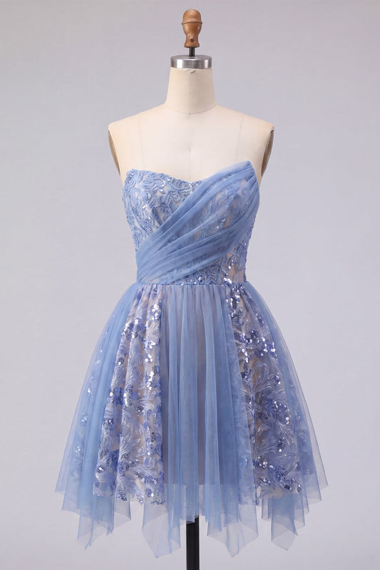 Sparkly Grey Blue Ruched Short Corset Homecoming Dress with Lace