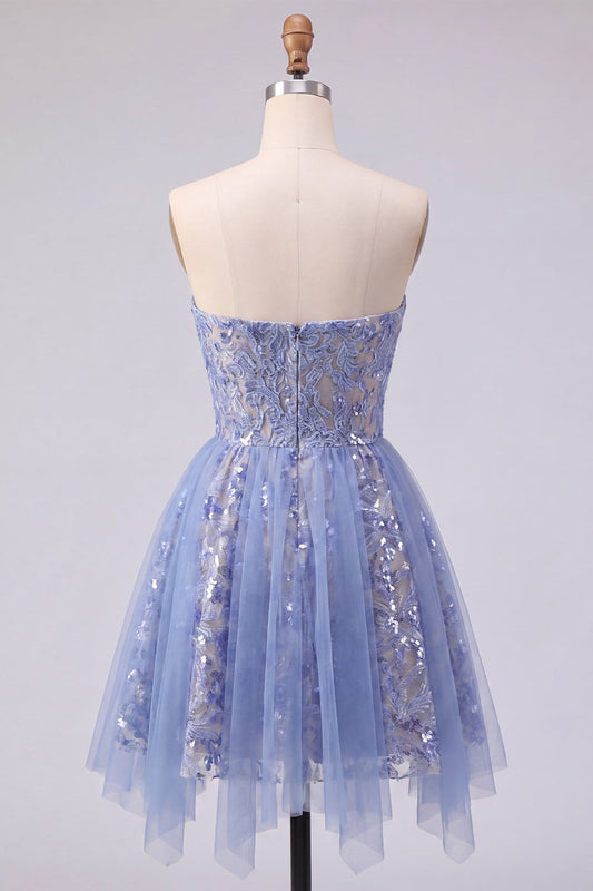 Sparkly Grey Blue Ruched Short Corset Homecoming Dress with Lace