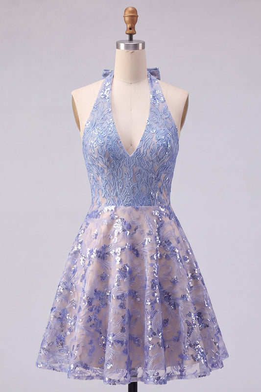 Sparkly Grey Blue Halter Beaded A Line Short Homecoming Dress with Bow