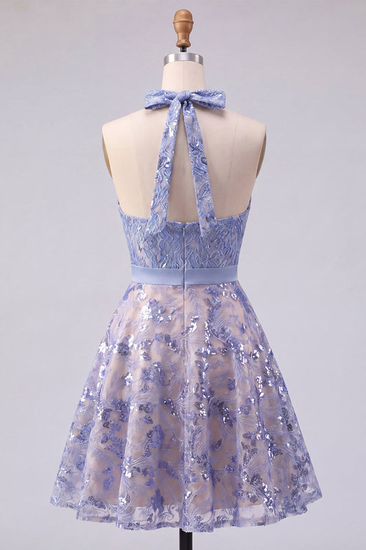 Sparkly Grey Blue Halter Beaded A Line Short Homecoming Dress with Bow