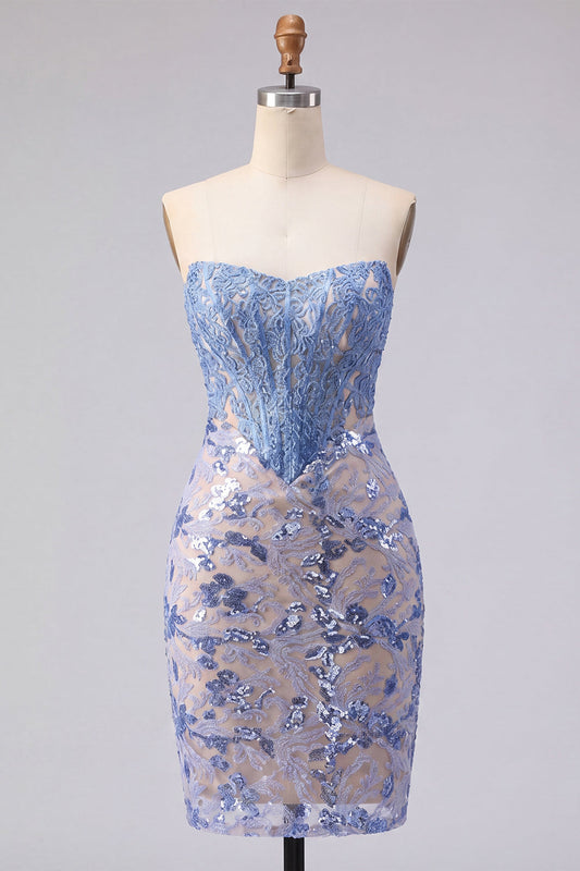 Sparkly Grey Blue Strapless Corset Tight Lace Short Homecoming Dress