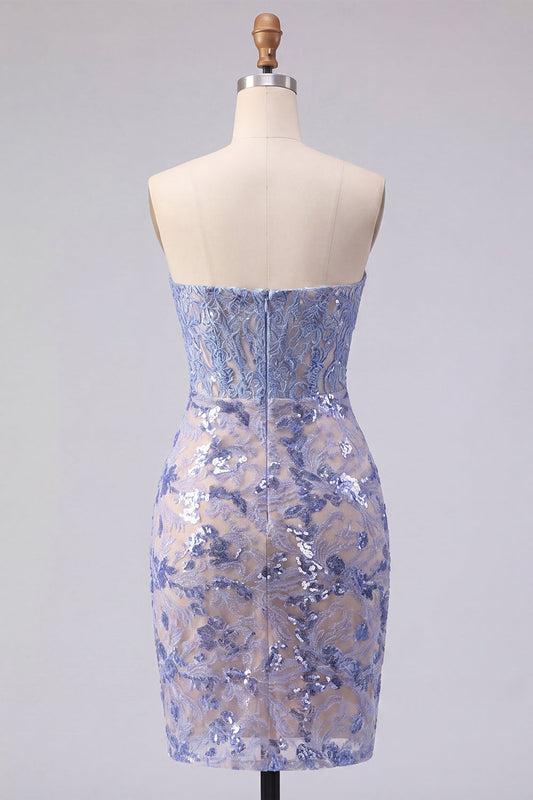 Sparkly Grey Blue Strapless Corset Tight Lace Short Homecoming Dress