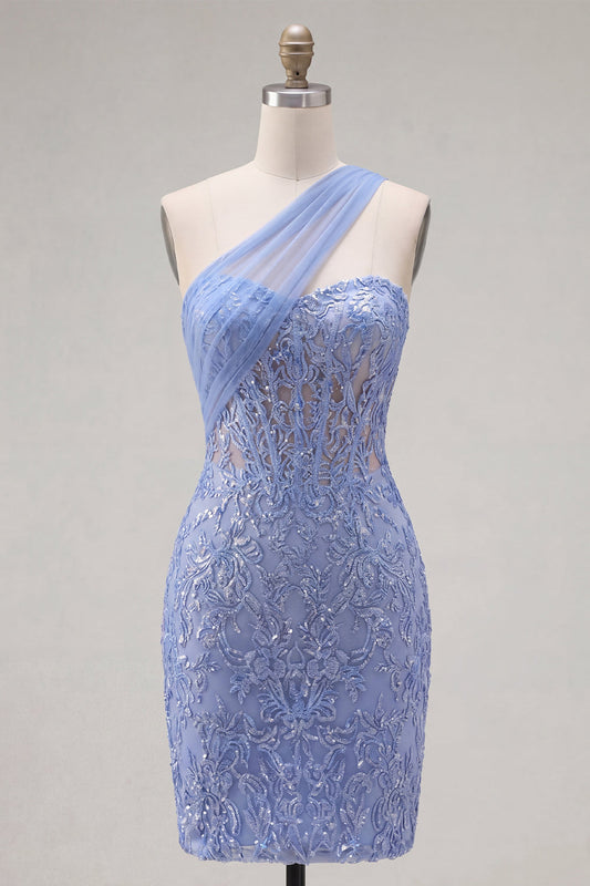 Sparkly Gray Blue Corset One-Shoulder Tight Short Lace Homecoming Dress