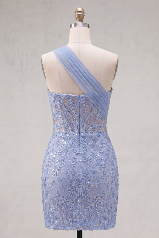Sparkly Gray Blue Corset One-Shoulder Tight Short Lace Homecoming Dress