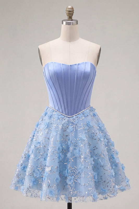 Sparkly Blue A-Line Strapless Beaded Floral Short Corset Homecoming Dress