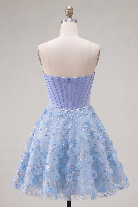 Sparkly Blue A-Line Strapless Beaded Floral Short Corset Homecoming Dress