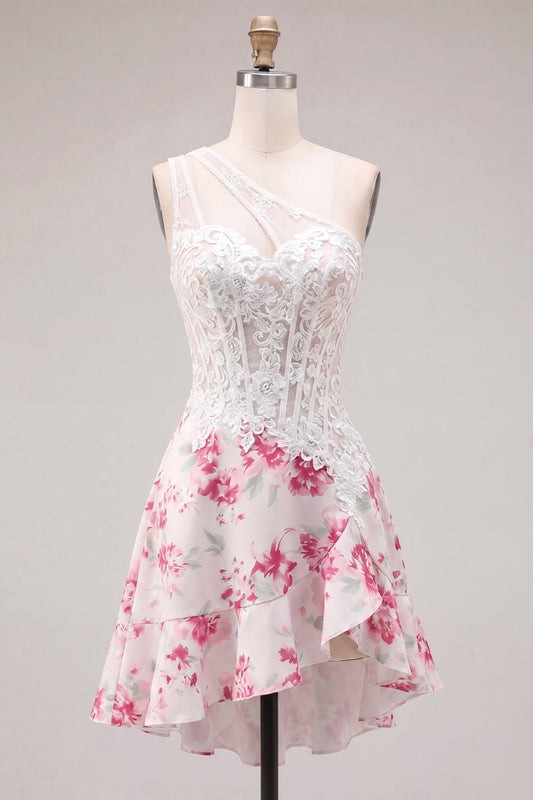 Robe de cocktail courte à corsage à volants ligne A à trou de serrure avec fleur de fuchsia blanche